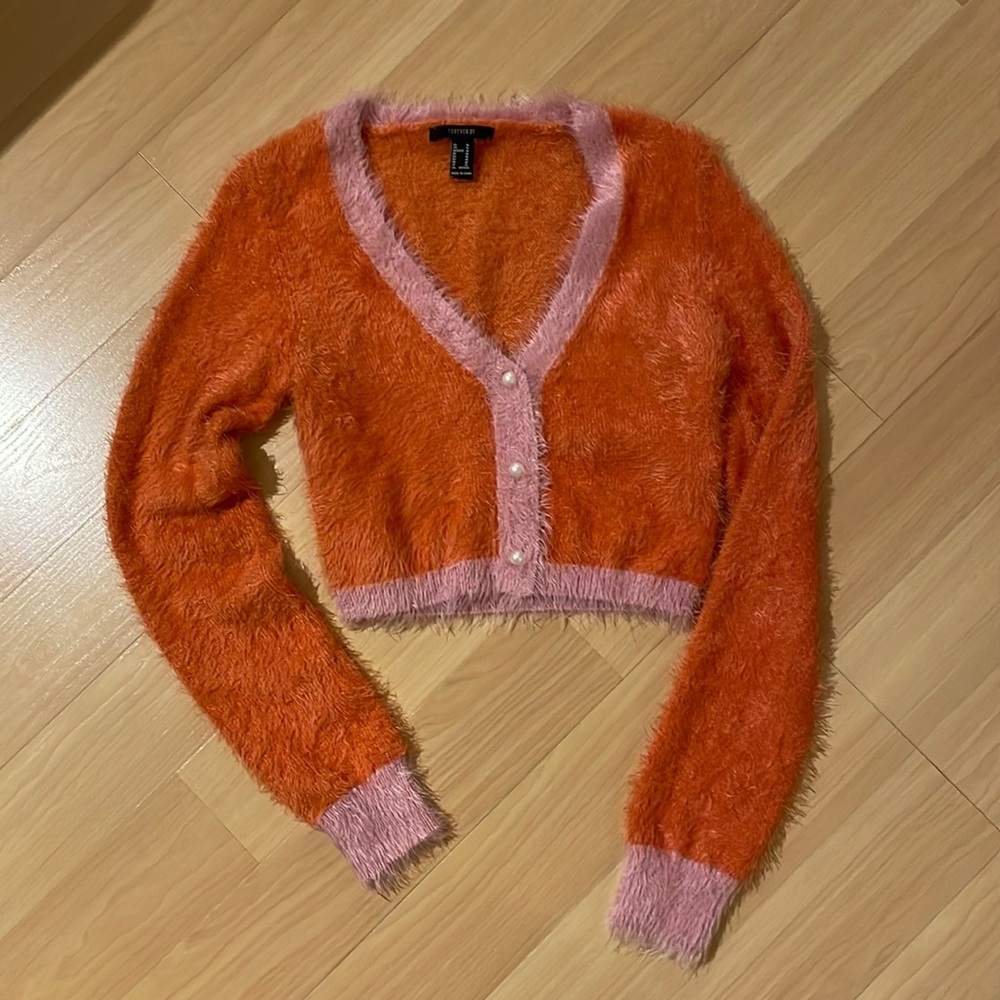 Fuzzy Cropped Pearl Pink and Orange Sweater